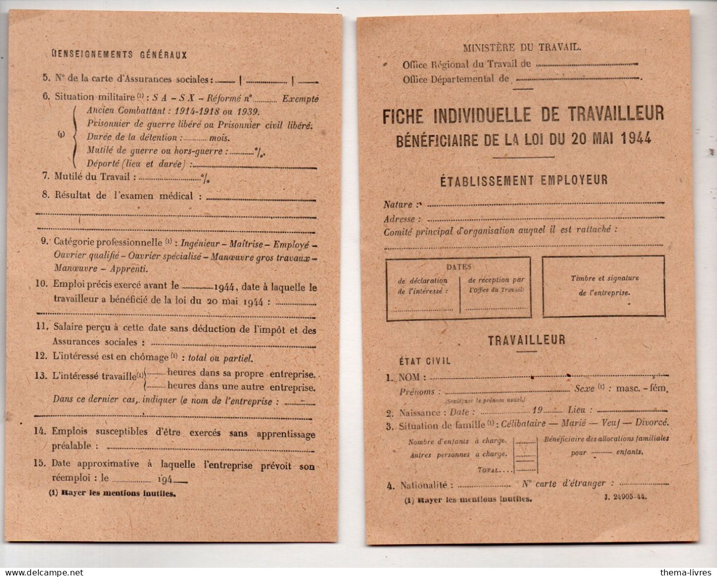 Fiche Individuelle,de Travailleur 1944   (vierge)   (PPP47175) - Non Classificati