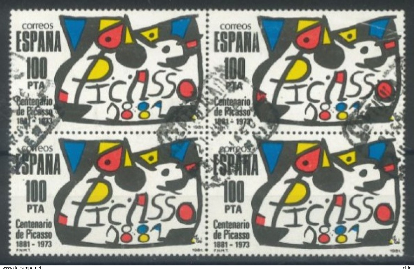 SPAIN, 1981, PICASSO'S BIRTH CENTENARY EMBLEM STAMP BLOCK OF 4, USED. - Gebraucht