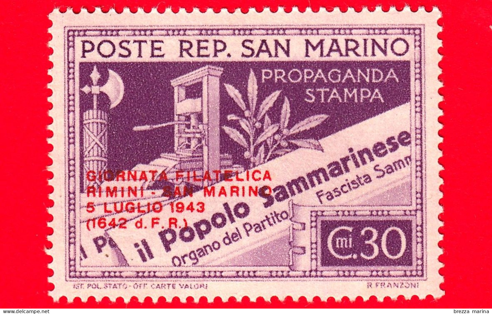 Nuovo - MNH -SAN MARINO - 1943 - Propaganda Della Stampa - Giornata Filatelica - Rimini - S. Marino - 30 - Ungebraucht