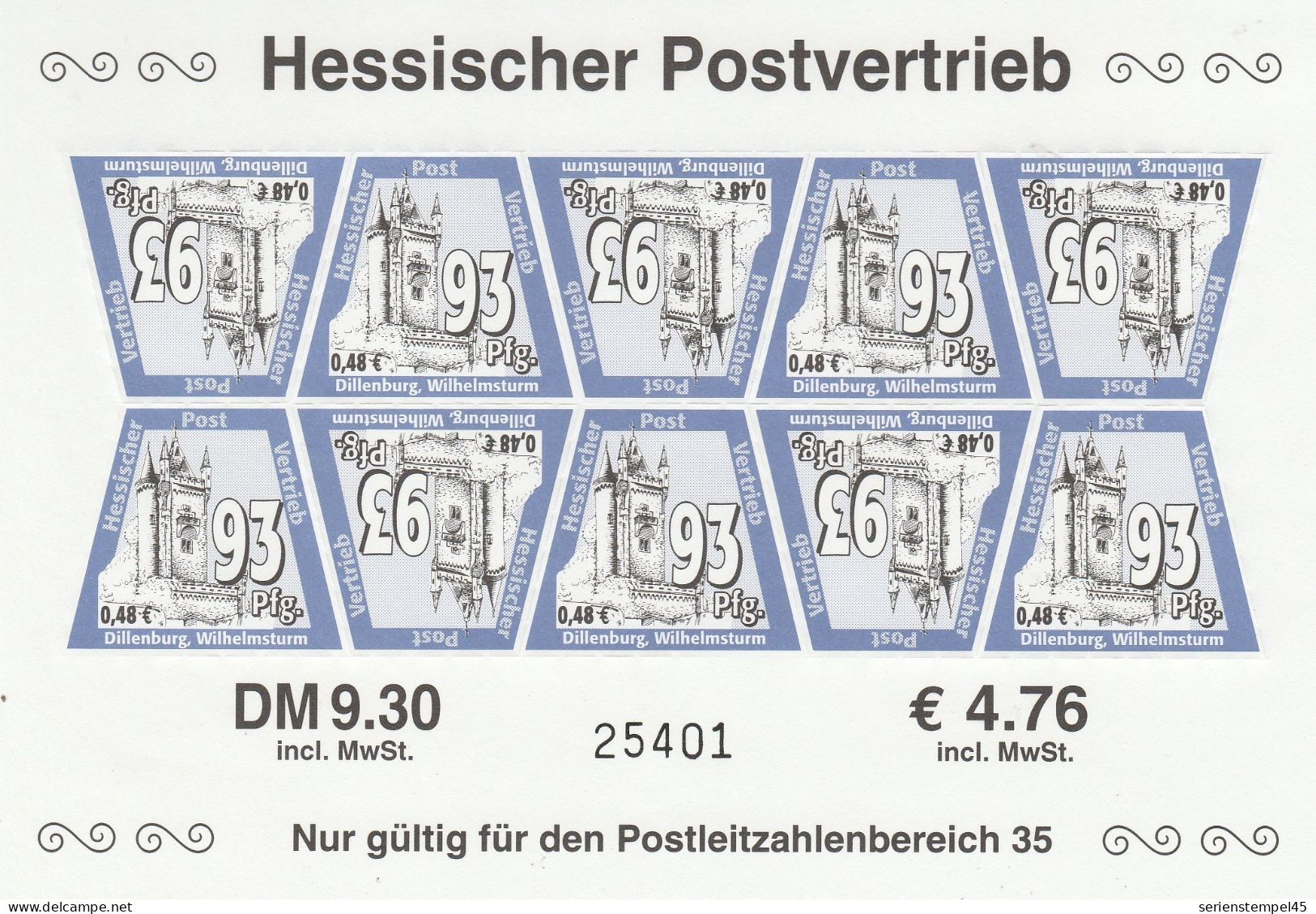 Privat Post HPV Hessischer Postvertriebs GmbH Grießen Kleinbogen Mi Nr 10 2000 Regionale Sehenswürdigkeiten 3 Auflage - Privados & Locales