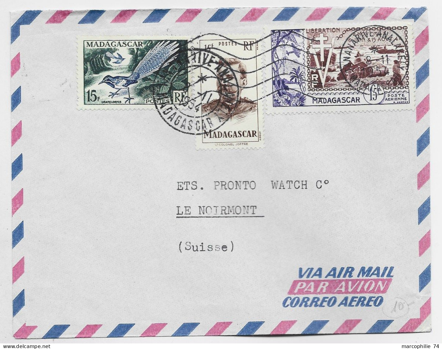 MADAGASCAR 15FR+15FR+ PA 15FR LETTRE COVER AVION TANANARIVE 8.11.1954 POUR SUISSE - Brieven En Documenten