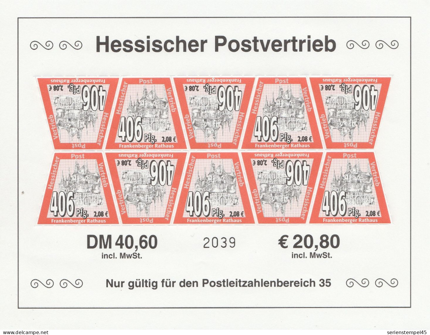 Privat Post HPV Hessischer Postvertriebs GmbH Grießen Kleinbogen Mi Nr 9 2000 Regionale Sehenswürdigkeiten 2 Auflage - Privados & Locales