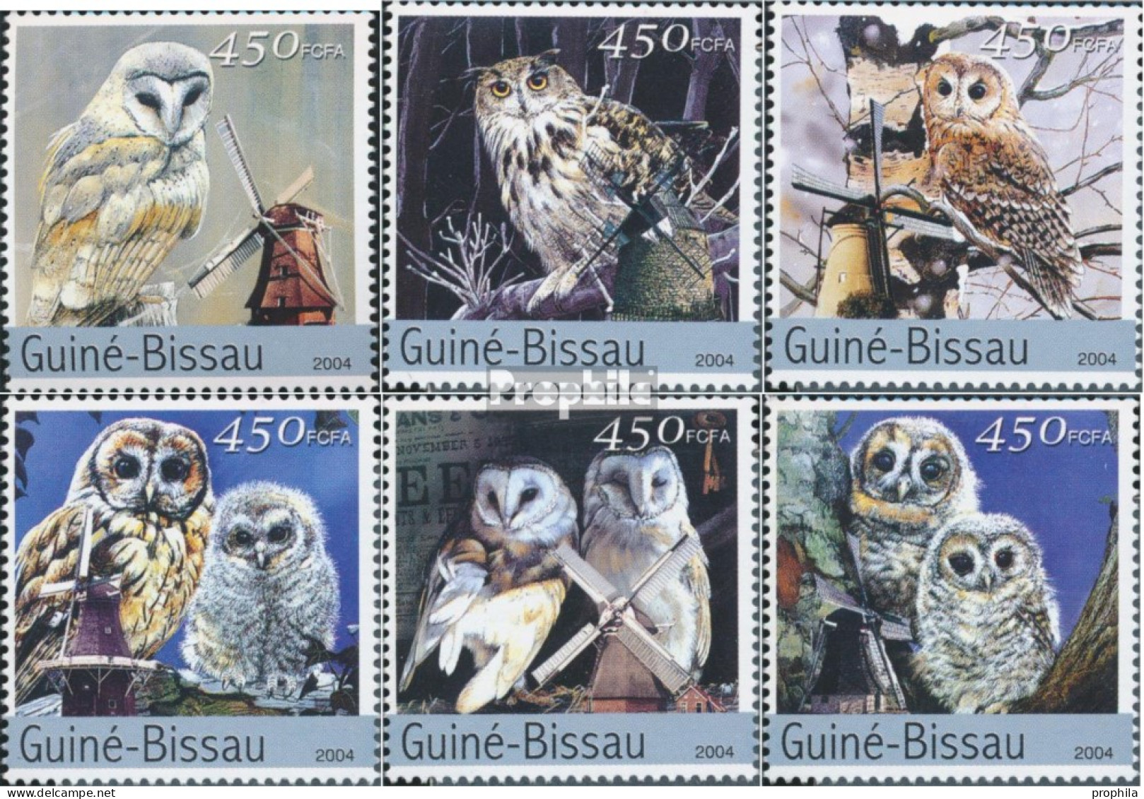 Guinea-Bissau 2755-2760 (kompl. Ausgabe) Postfrisch 2004 Eulen Und Windmühlen - Guinée-Bissau