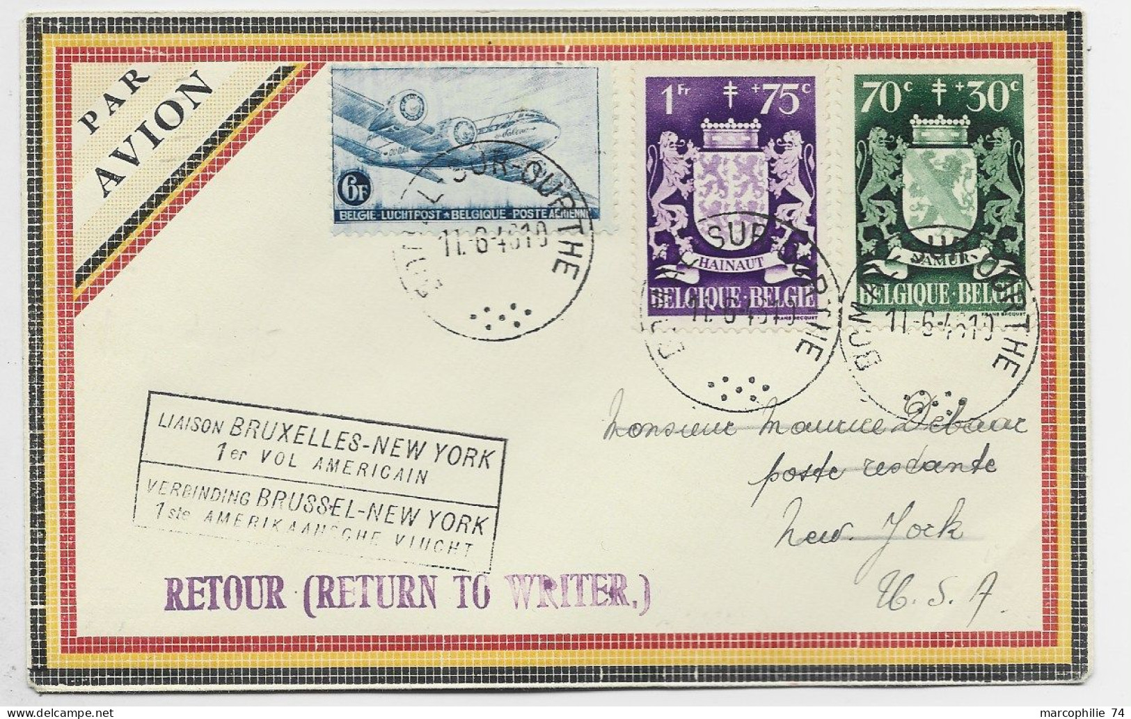 BELGIQUE SURTAXE 1FR+70C PA 6FR LETTRE COVER AVION BOMAL 11.6.1946 TO USA - Storia Postale