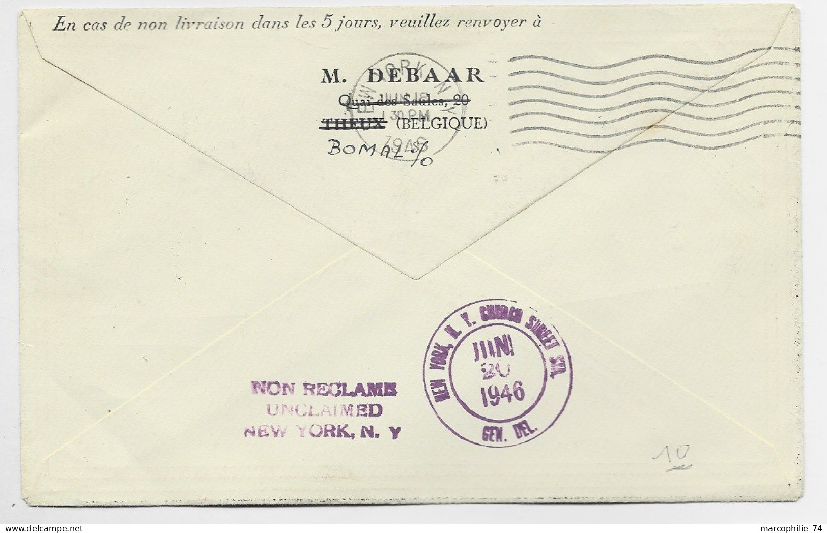 BELGIQUE SURTAXE 1FR+70C PA 6FR LETTRE COVER AVION BOMAL 11.6.1946 TO USA - Covers & Documents