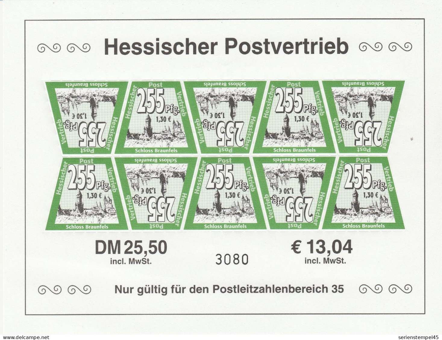 Privat Post HPV Hessischer Postvertriebs GmbH Grießen Kleinbogen Mi Nr 8 2000 Regionale Sehenswürdigkeiten 2 Auflage - Posta Privata & Locale