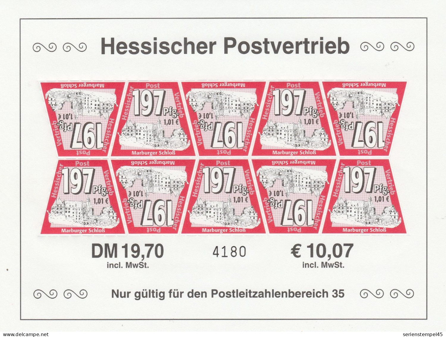 Privat Post HPV Hessischer Postvertriebs GmbH Grießen Kleinbogen Mi Nr 7 2000 Regionale Sehenswürdigkeiten 2 Auflage - Privé- & Lokale Post