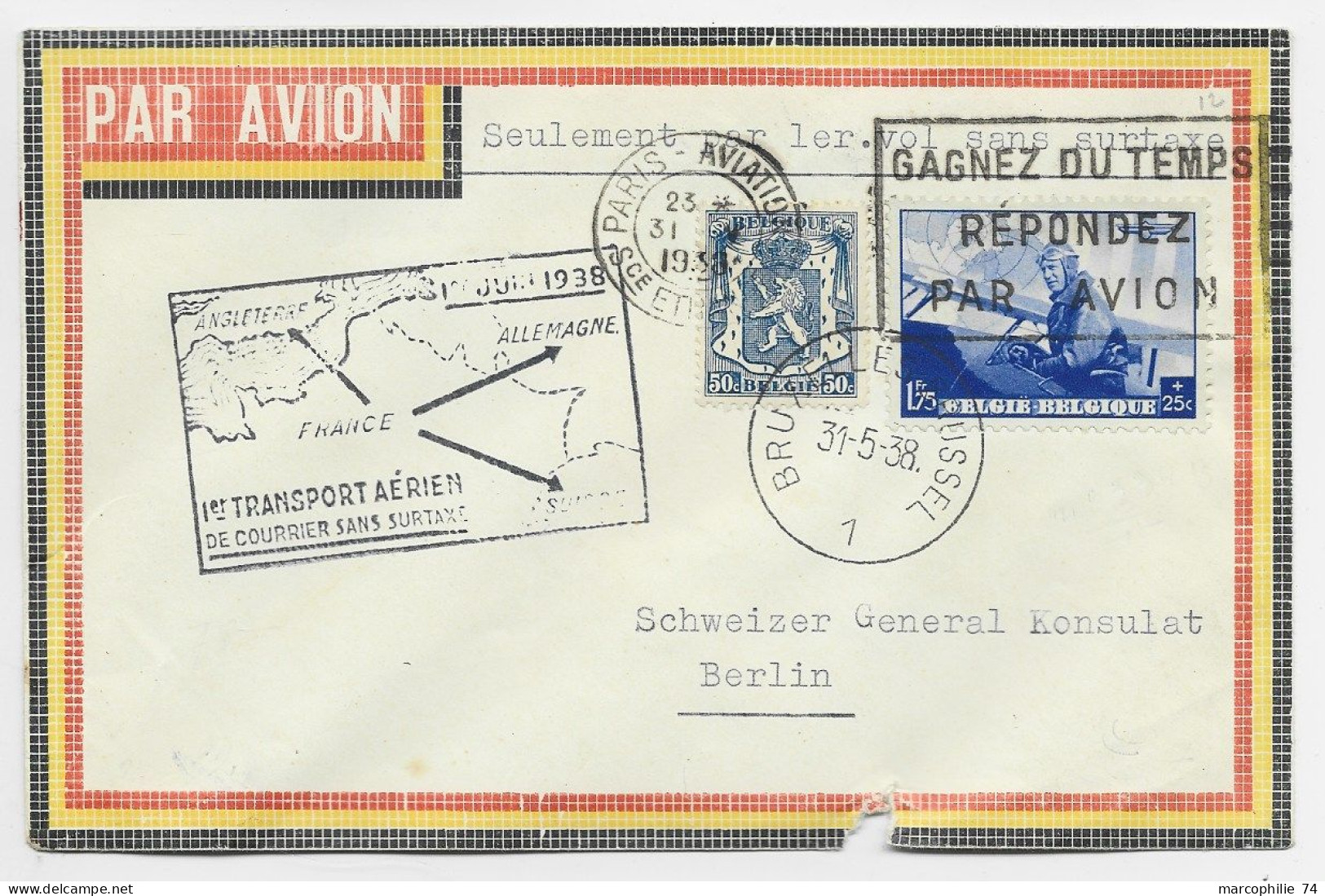 BELGIQUE SURTAXE 50C+1FR75 LETTRE COVER AVION BRUXELLES 1938 TO BERLIN VIA PARIS AVIATION - Briefe U. Dokumente