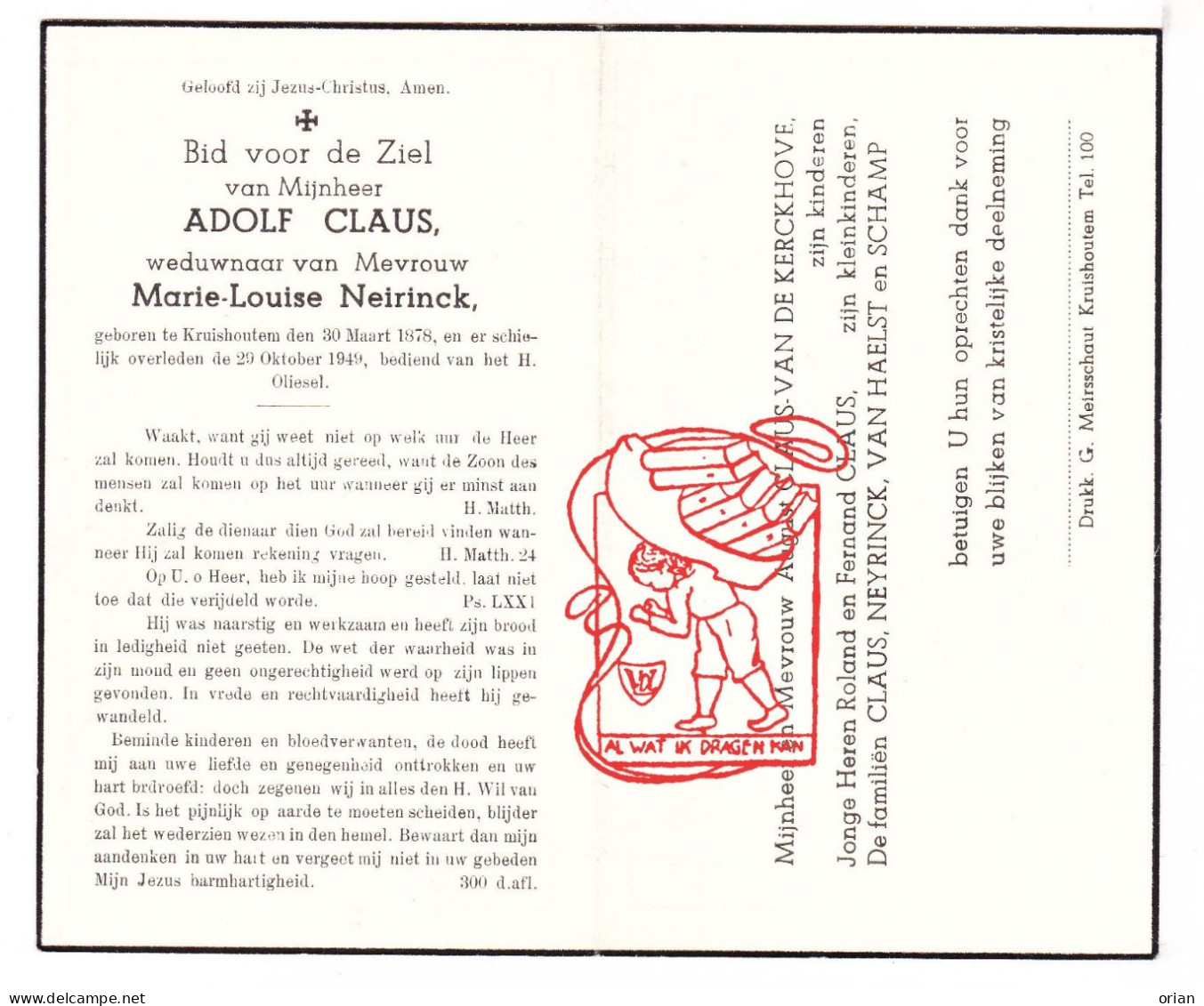 DP Adolf Claus ° Kruishoutem 1878 † 1949 X Marie Louise Neirinck // Van De Kerckhove Van Haelst Schamp - Andachtsbilder