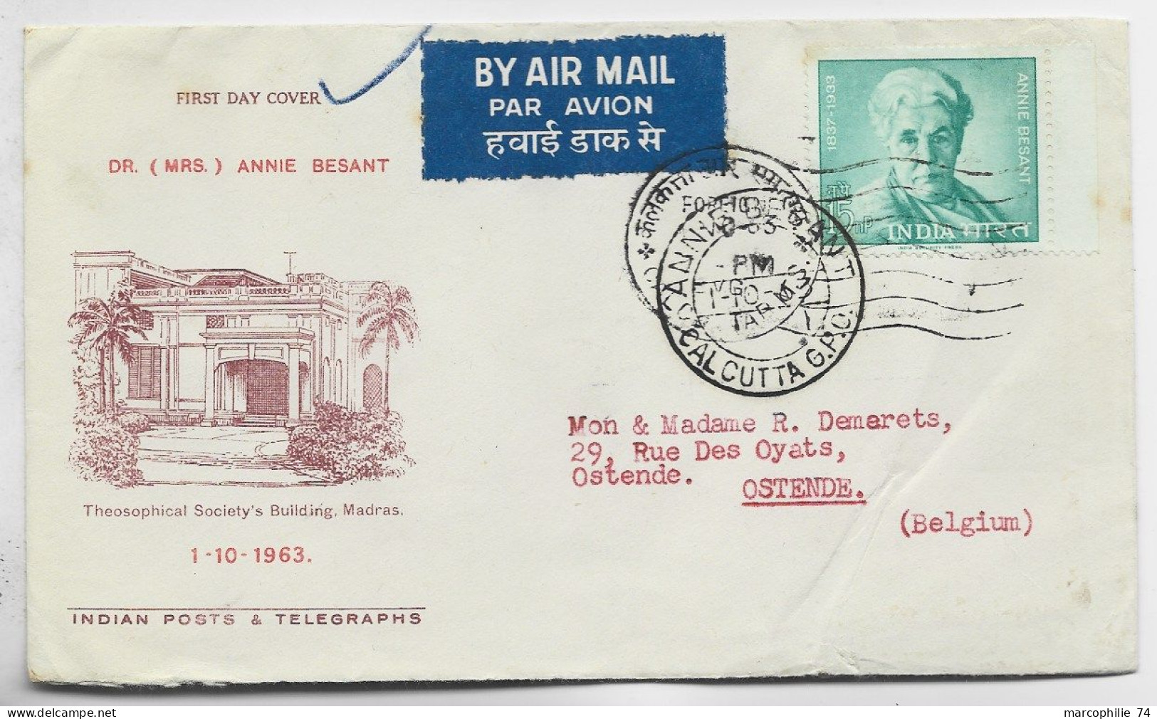 INDIA 15NP ANNIE BESANT X7 LETTRE COVER AIR MAIL CALCUTTA 1963 FDC  TO BELGIUM - Covers & Documents