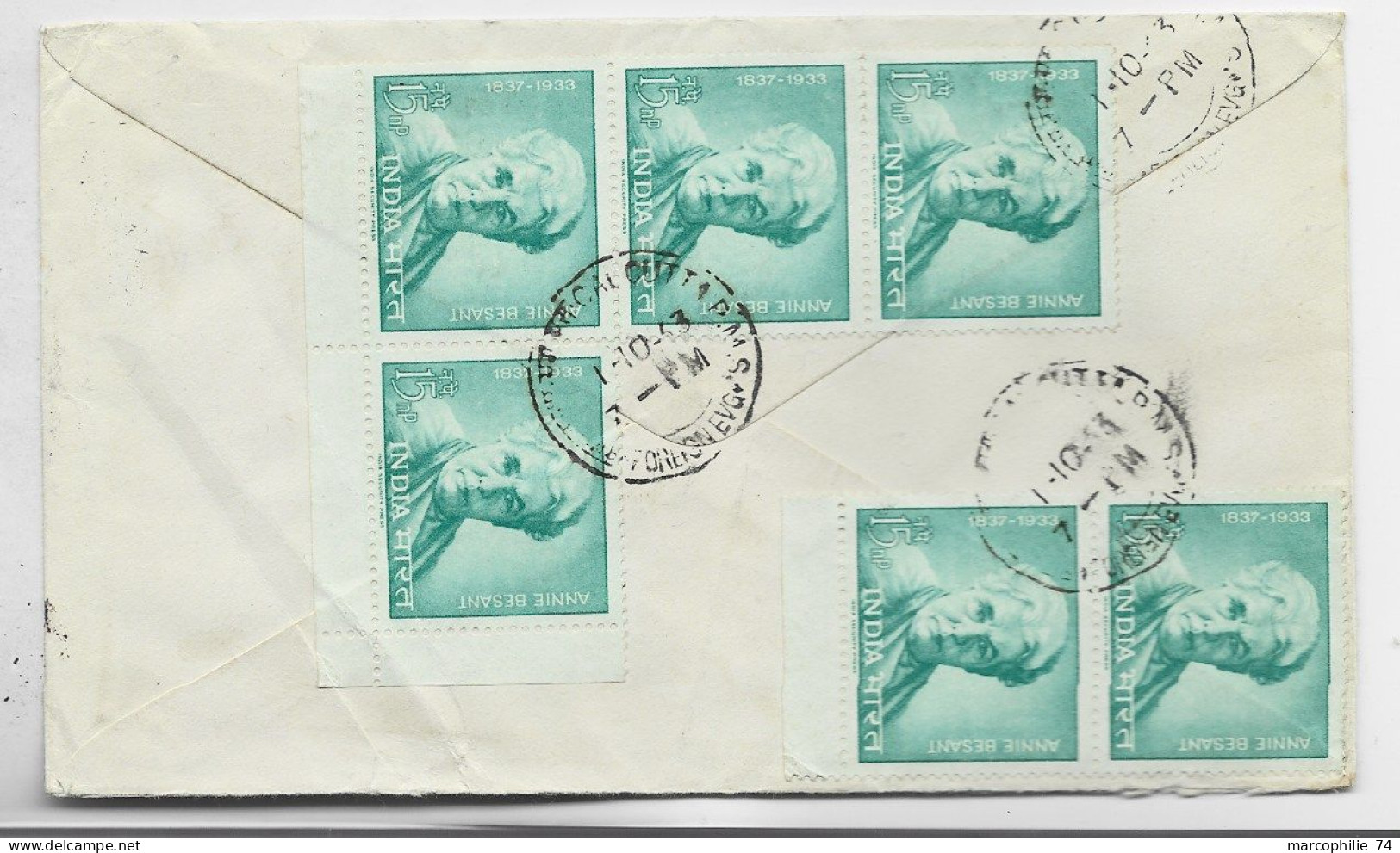 INDIA 15NP ANNIE BESANT X7 LETTRE COVER AIR MAIL CALCUTTA 1963 FDC  TO BELGIUM - Cartas & Documentos