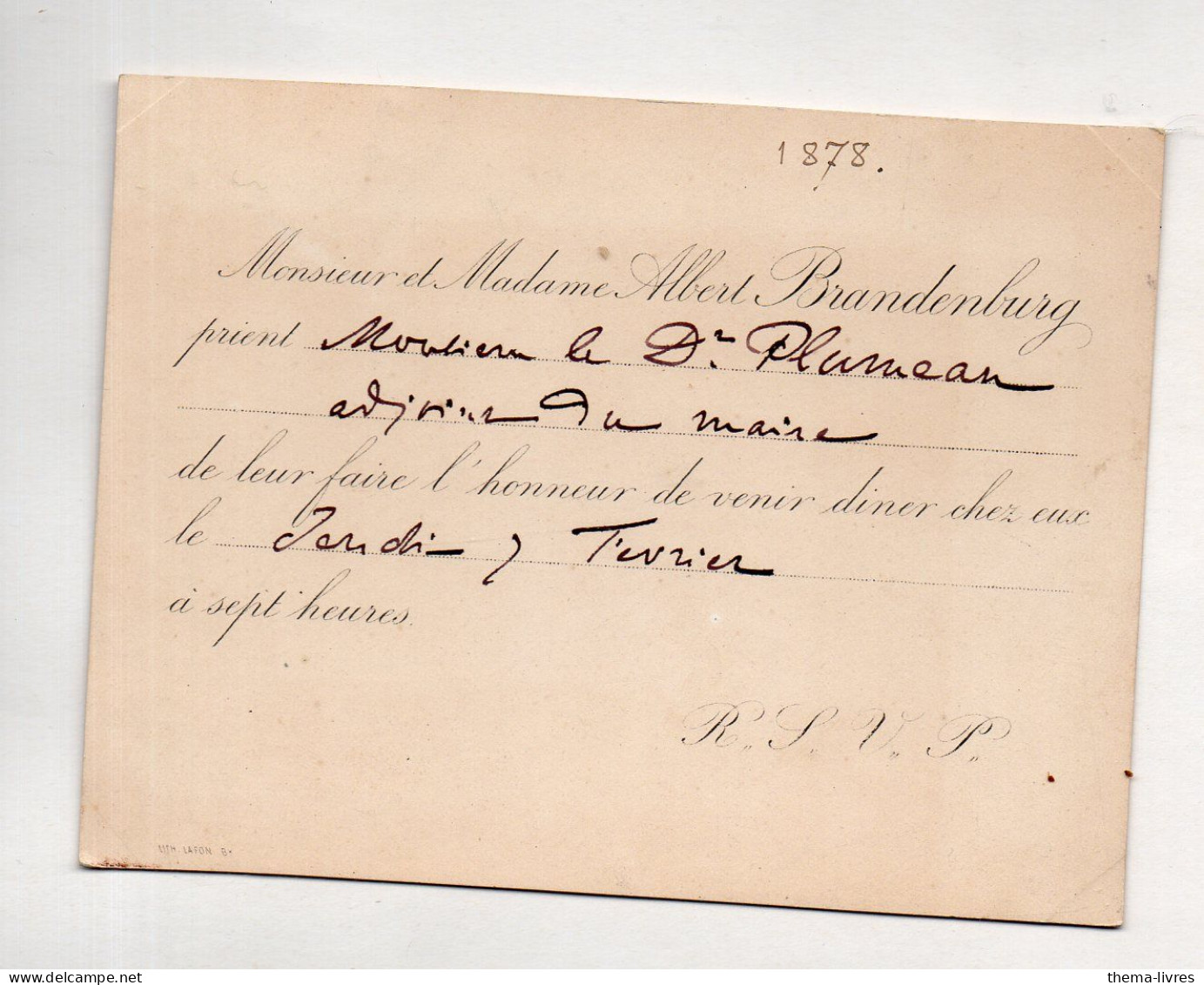 Invitation 1878 De Albert Brandenburg  Pour Le Dr Plumeau   (PPP47176) - Unclassified