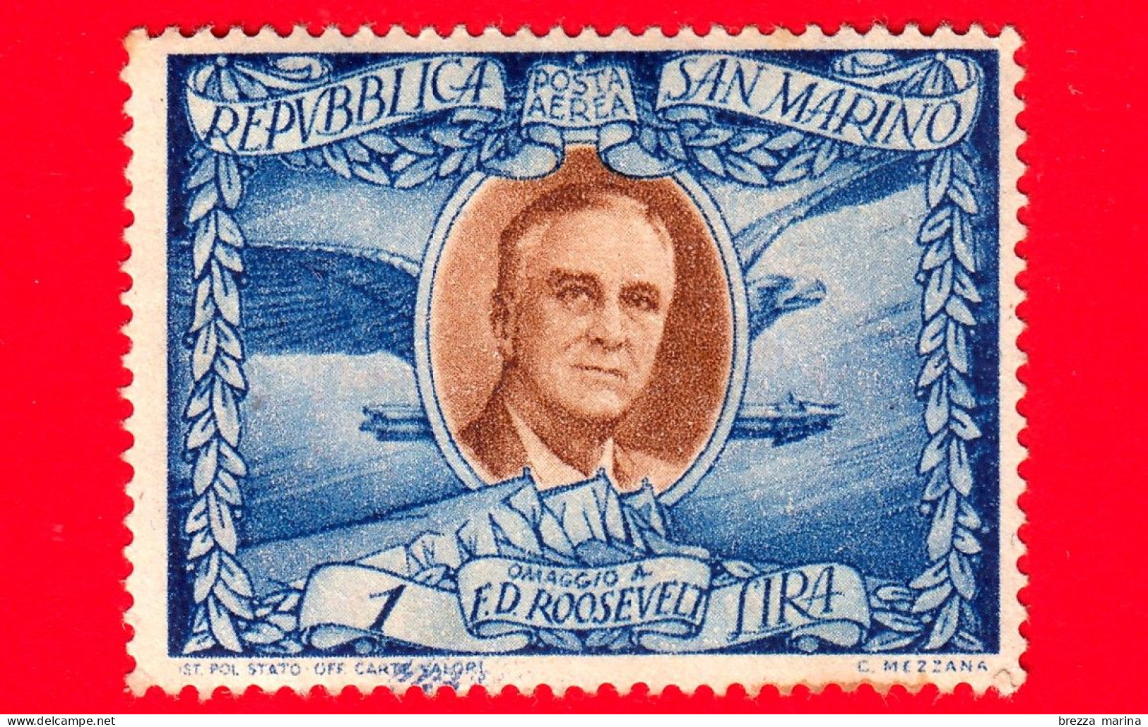 SAN MARINO - Nuovo - 1947 - Roosevelt - POSTA AEREA - Ritratto Di Roosevelt E Aquila - 1 L. - Poste Aérienne