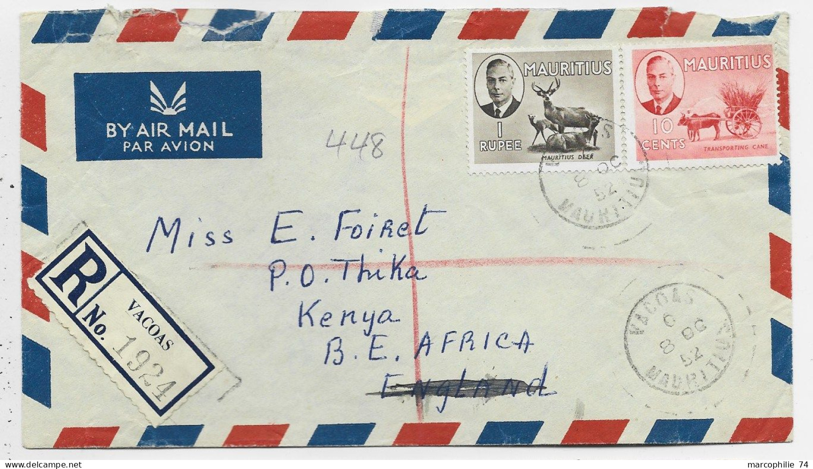 MAURITIUS 10C +1RUPEE LETTRE COVER AIR MAIL REC VACAOS 1952 TO KENYA - Maurice (...-1967)