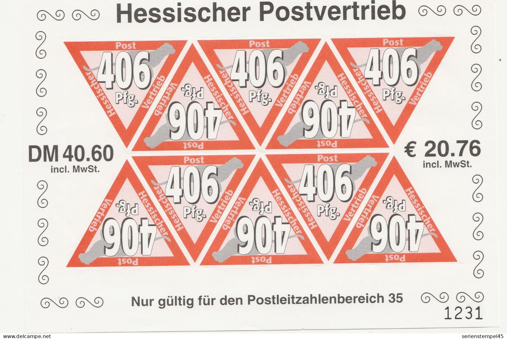 Privat Post HPV Hessischer Postvertriebs GmbH Grießen Kleinbogen Mi Nr 4 2000 Gepard Im Sprung 406 Pfg. - Privé- & Lokale Post