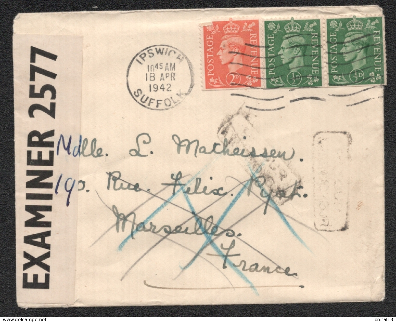 1942 CENSURE / OPENED BY EXAMINER 2577 / IPSWICH SUFFOLK A MARSEILLE F140 - Covers & Documents