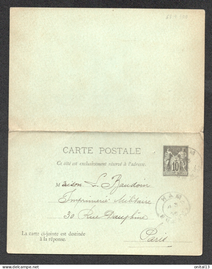 1896 ENTIER POSTAL ET CARTE REPONSE / CACHET MILITAIRE PLACE DE HAM   / 54EME REGIMENT D'INFANTERIE / SOMME F142 - Bolli Militari (ante 1900)