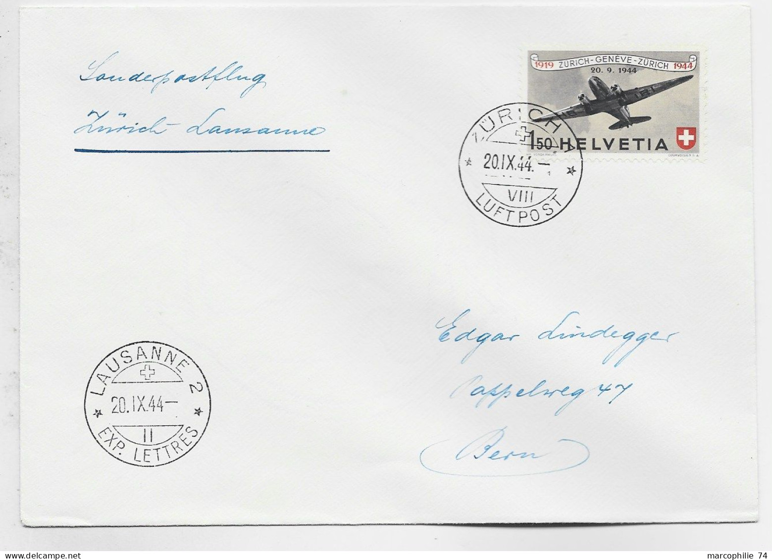 HELVETIA SUISSE PA 1.50 SOLO LETTRE ZURICH 20.IX.1944 LUFT POST TO BERN VIA LAUSANNE - Primi Voli