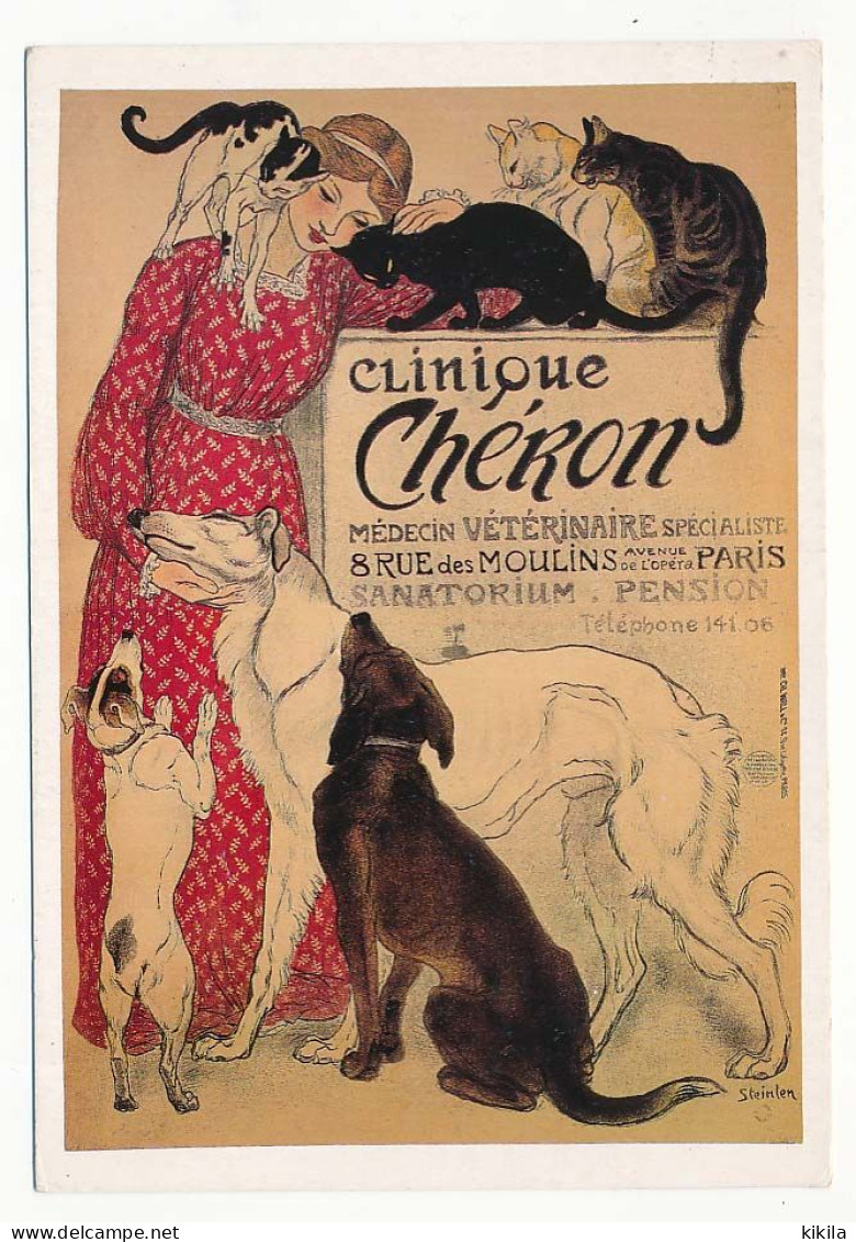 CPSM / CPM 10.5 X 15 Publicité Clinique CHERON Médecin Vétérinaire Paris Chien Lévrier Chat Illustrateur Steinlen - Reclame