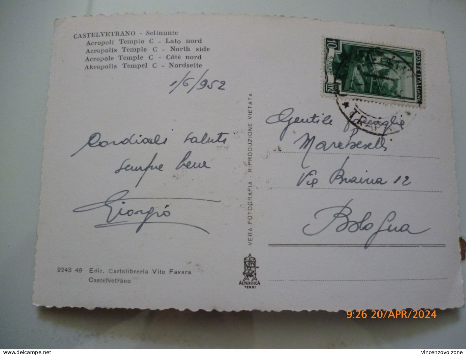 Cartolina  Viaggiata "CASTELVETRANO Selinunte Acropoli - Tempio C" 1952 - Trapani