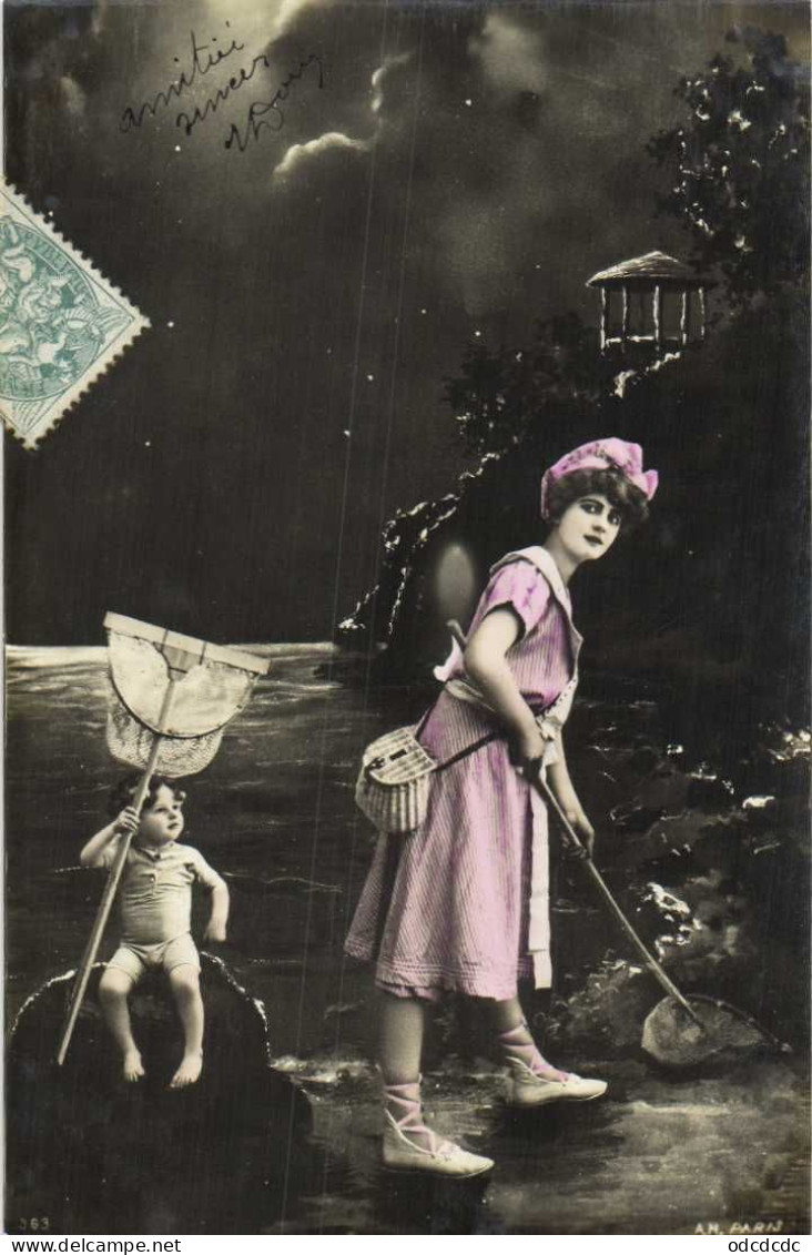 Bon Lot Serie 5 Cartes Jeune Femme Et Enfant à La Peche Aux Crevettes Au Clair De Lune  Pionnières RV - Donne