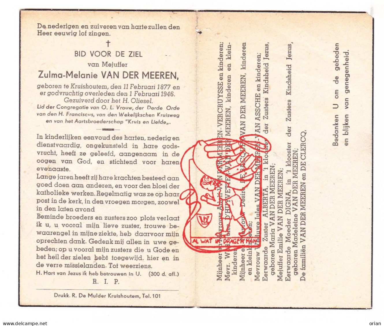 DP Juff. Zulma Melanie Van Der Meeren ° Kruishoutem 1877 † 1946 Vercruysse D'Huyvetter De Bacquer Van Assche - Images Religieuses