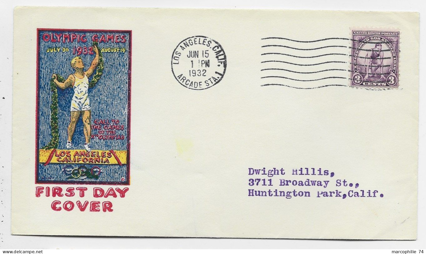 ETATS UNIS USA 3C LETTRE COVER LOS ANGELES  JUN 15 1932 FDC OLYMPIC GAMES JEUX OLYMPIQUES TO USA - Estate 1932: Los Angeles