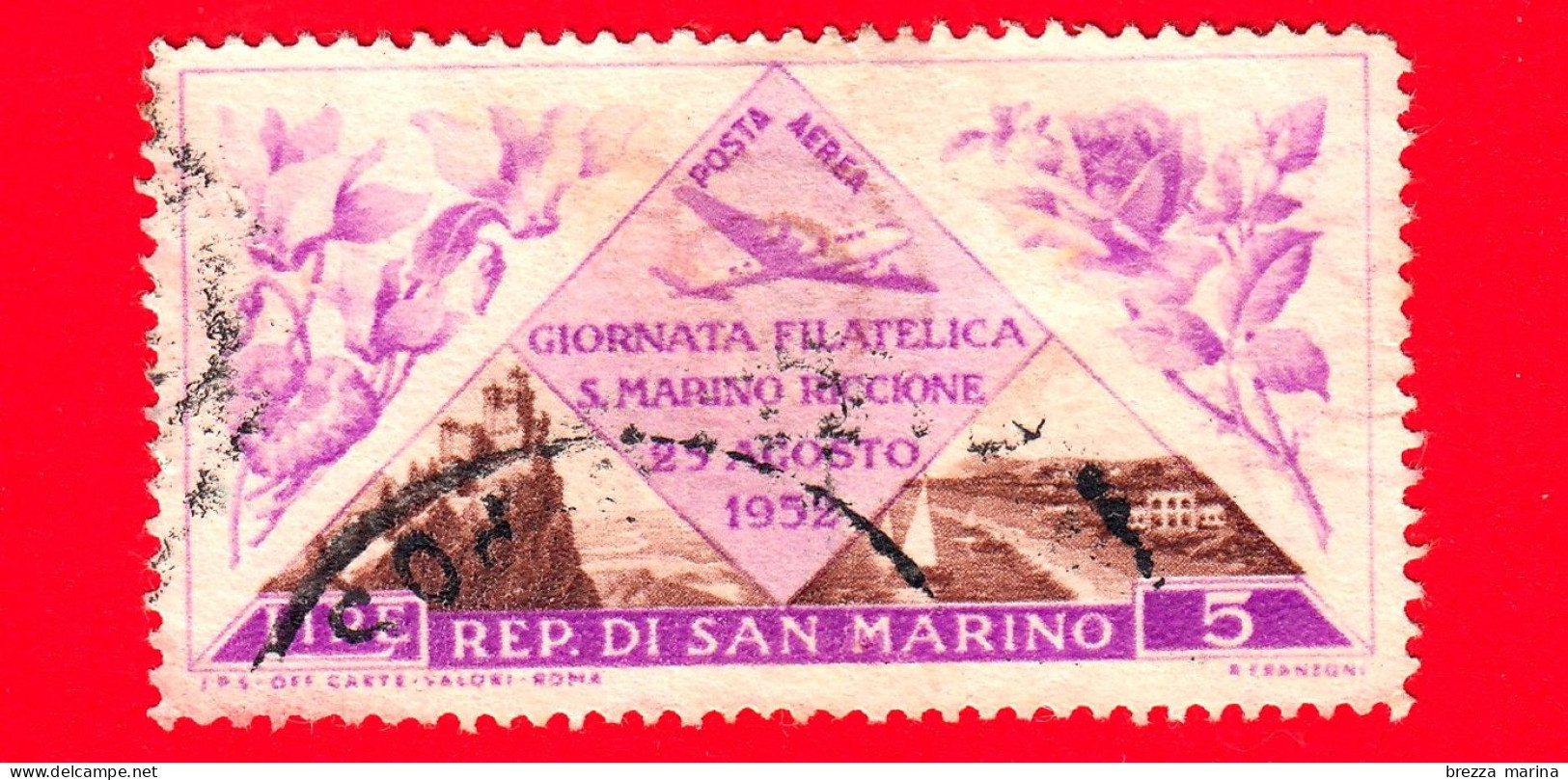 SAN MARINO - Usato - 1952 - Giornata Filatelica - Tipo POSTA AEREA - Fiori E Vedute Di San Marino E Riccione - 5 - Gebruikt