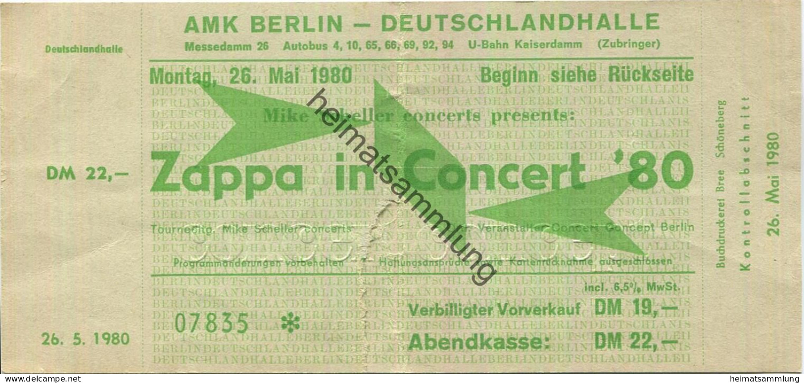 Deutschland - Berlin - AMK Berlin - Deutschlandhalle - Zappa In Concert '80 - Eintrittskarte 1980 - Tickets D'entrée