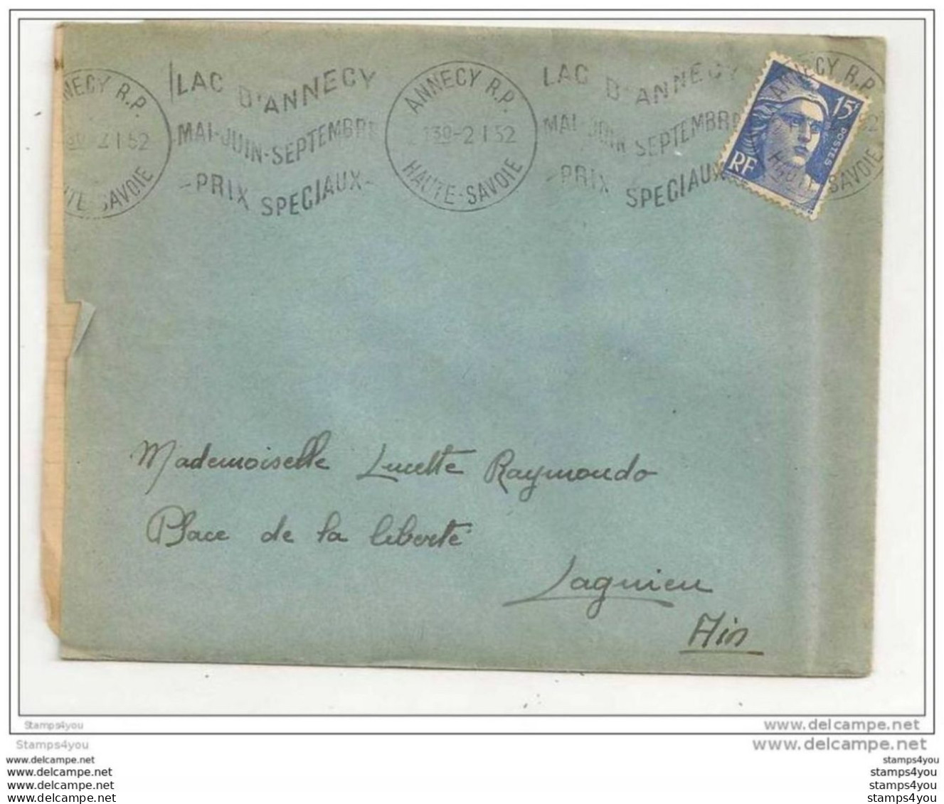 145 - 53 - Lettre Envoyée De Annecy 1952 - 1 Timbre Marianne De Gandon - Oblit Mécanique - 1945-54 Marianne (Gandon)