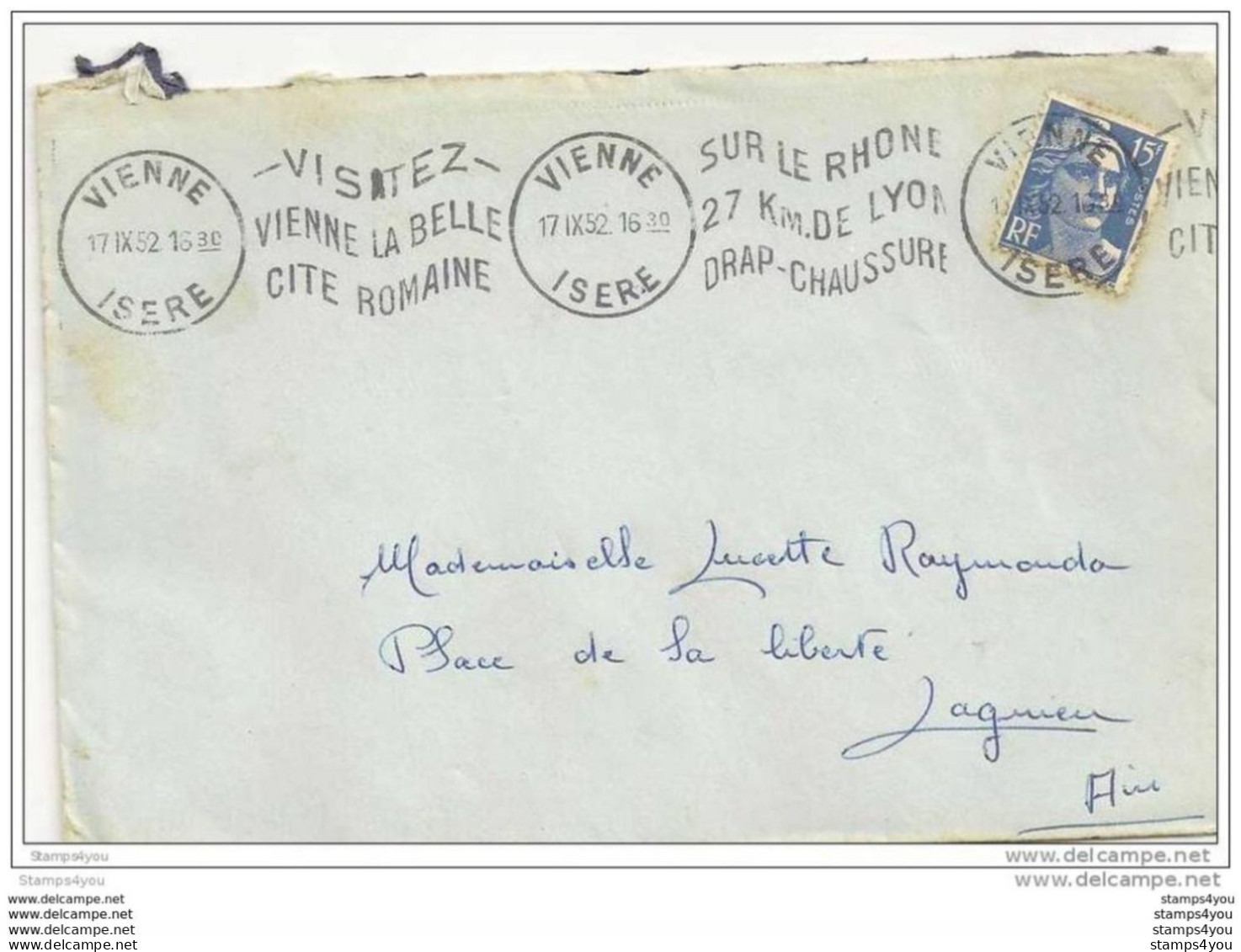 145 - 68 - Lettre Envoyée De Vienne Isère - 1 Timbre Marianne De Gandon - Superbe Oblit Mécanique 1952 - 1945-54 Maríanne De Gandon