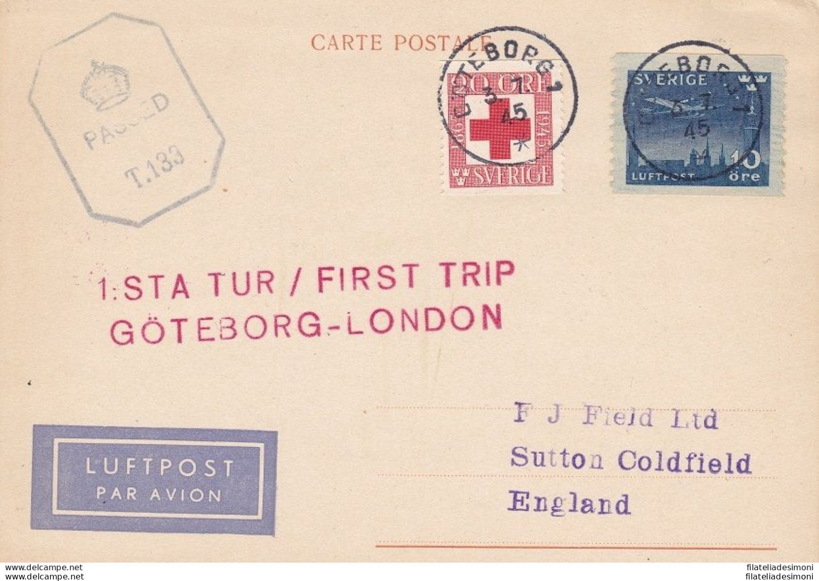 1945 SVEZIA ,SVERIGE, FIRST FLIGHT GOTEBORG - LONDON - Sonstige & Ohne Zuordnung