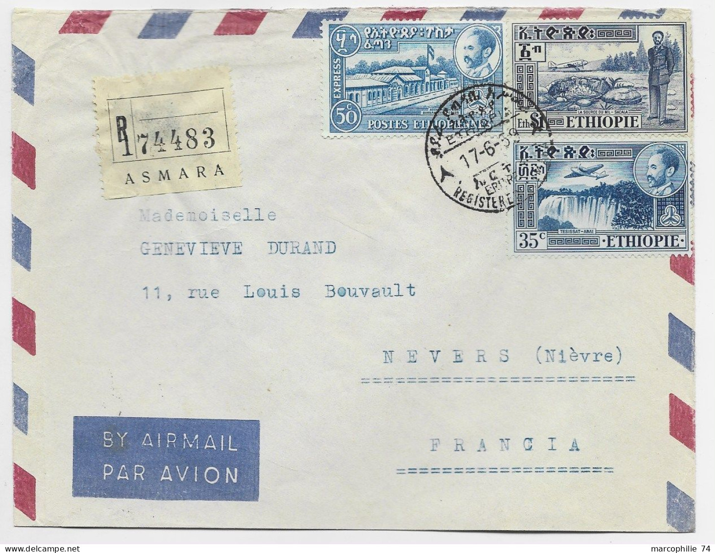 ETHIOPIA ETHIOPIE 35C+50C+$1 LETTRE COVER AIR MAIL REC ASMARA 17.6.1959  TO FRANCE - Äthiopien