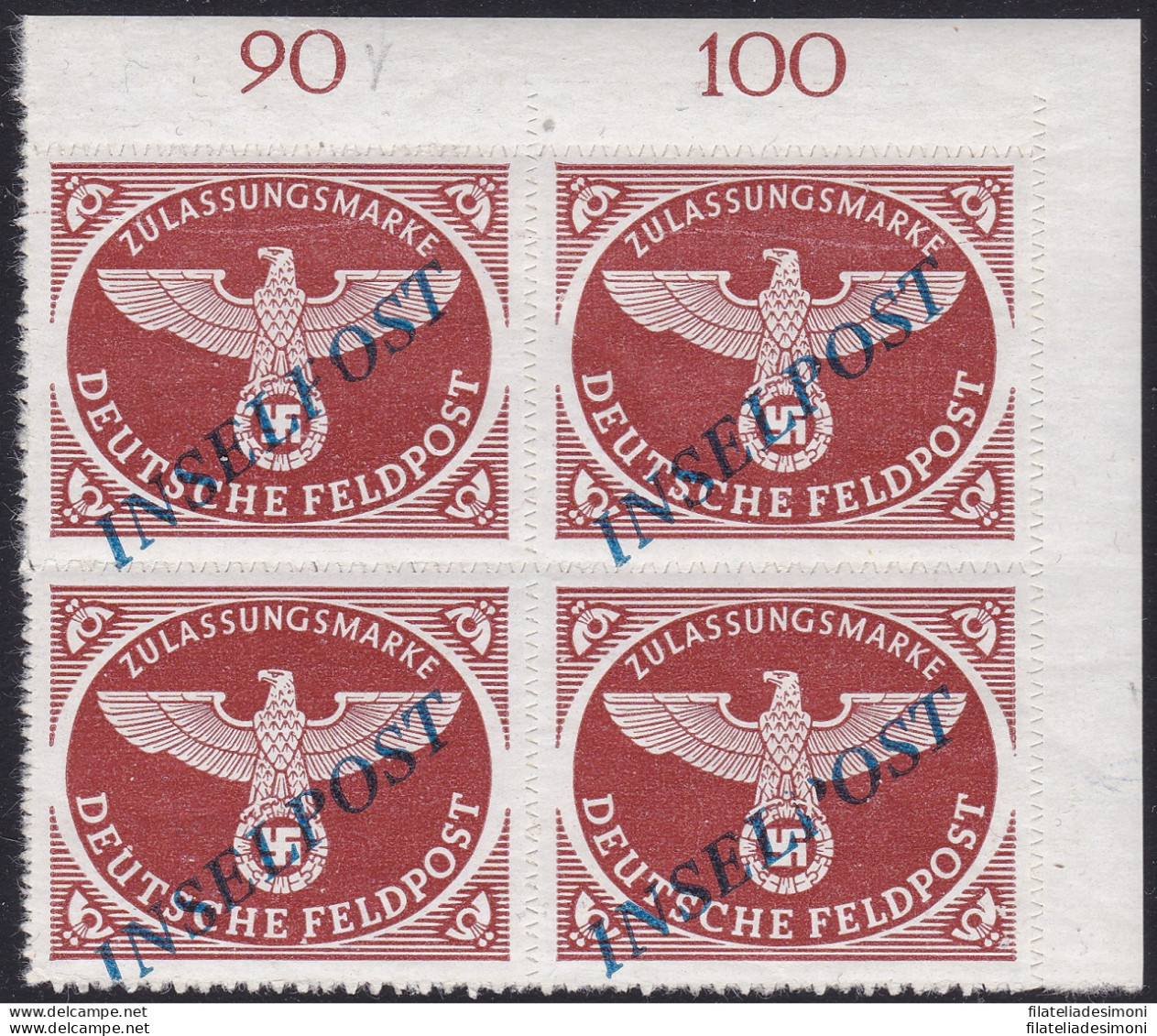 1944 EGEO Occupazione Tedesca, INSELPOST N°5b  MNH** QUARTINA Firmata Sorani - Egeo