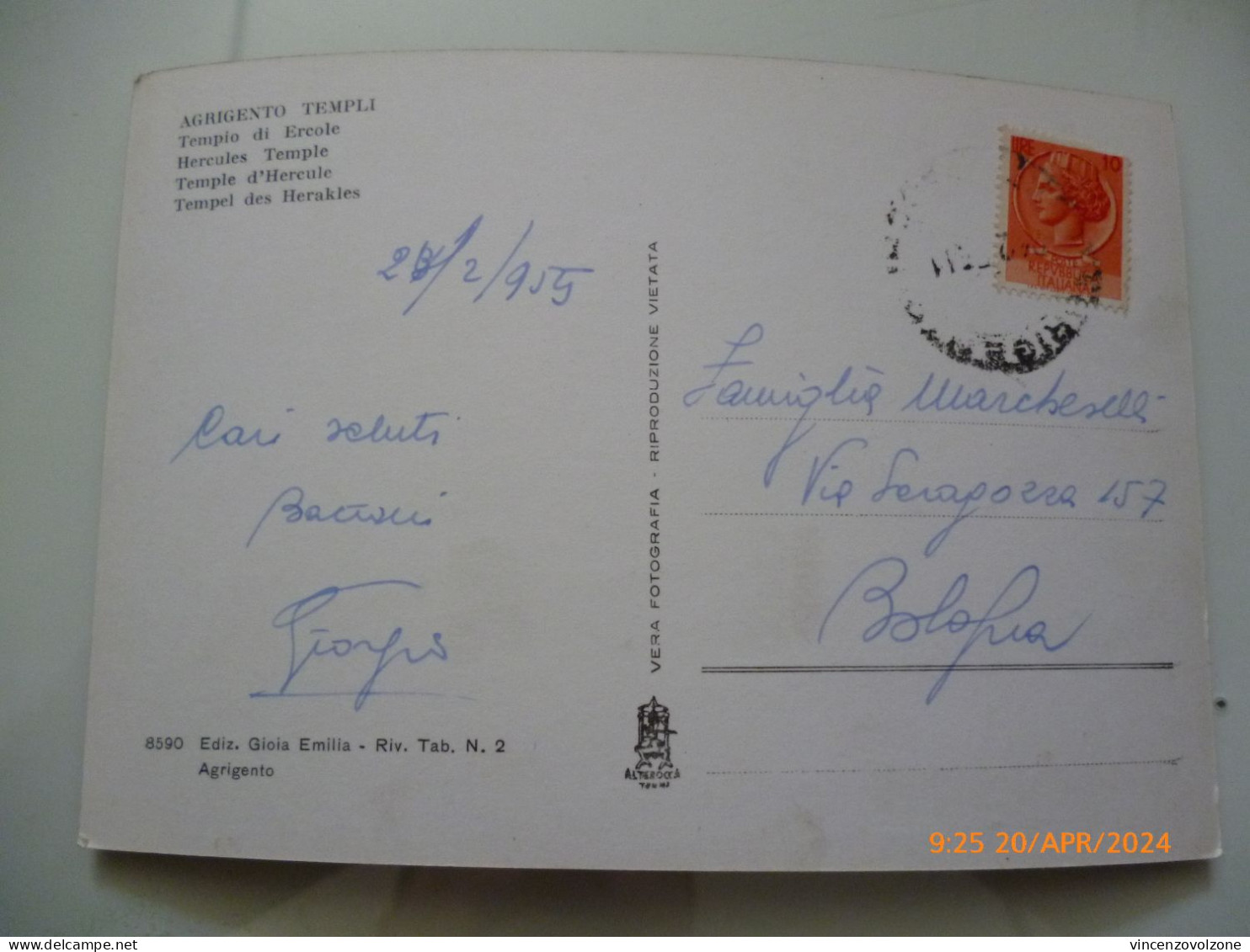 Cartolina "AGRIGENTO TEMPLI  Tempio Di Ercole" 1955 - Agrigento