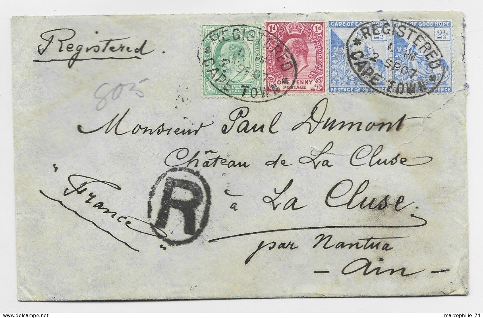 CAPE OF GOOD HOPE 2 1/2C X2 +1D+HALF PENNY LETTRE COVER REG MAL OUVERTE CAPE TOWN 1907 TO FRANCE - Cap De Bonne Espérance (1853-1904)