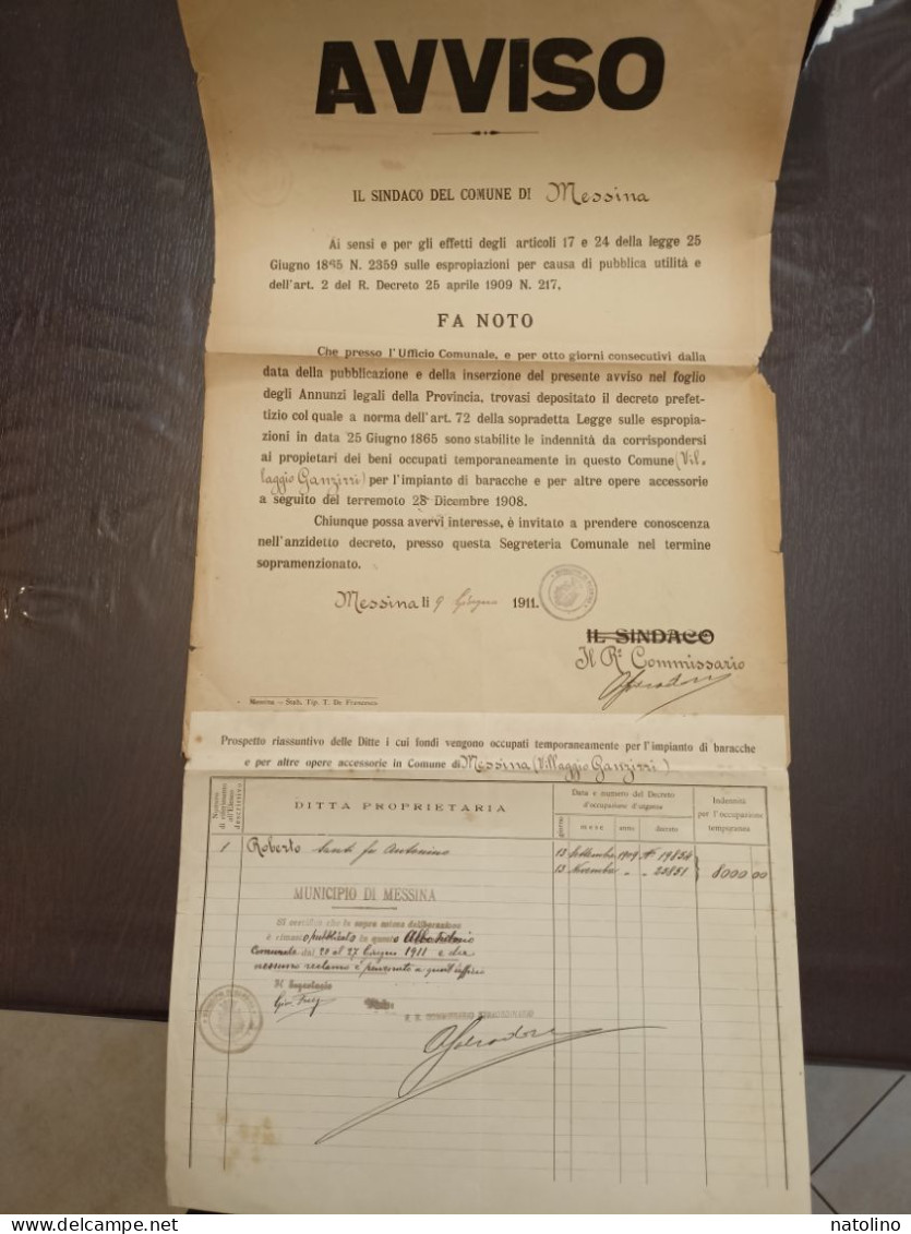 Avviso Comune Di Messina Post Terremoto 1911 Commissario Straordinario Salvadori Villaggio Ganzirri Firme - Gesetze & Erlasse