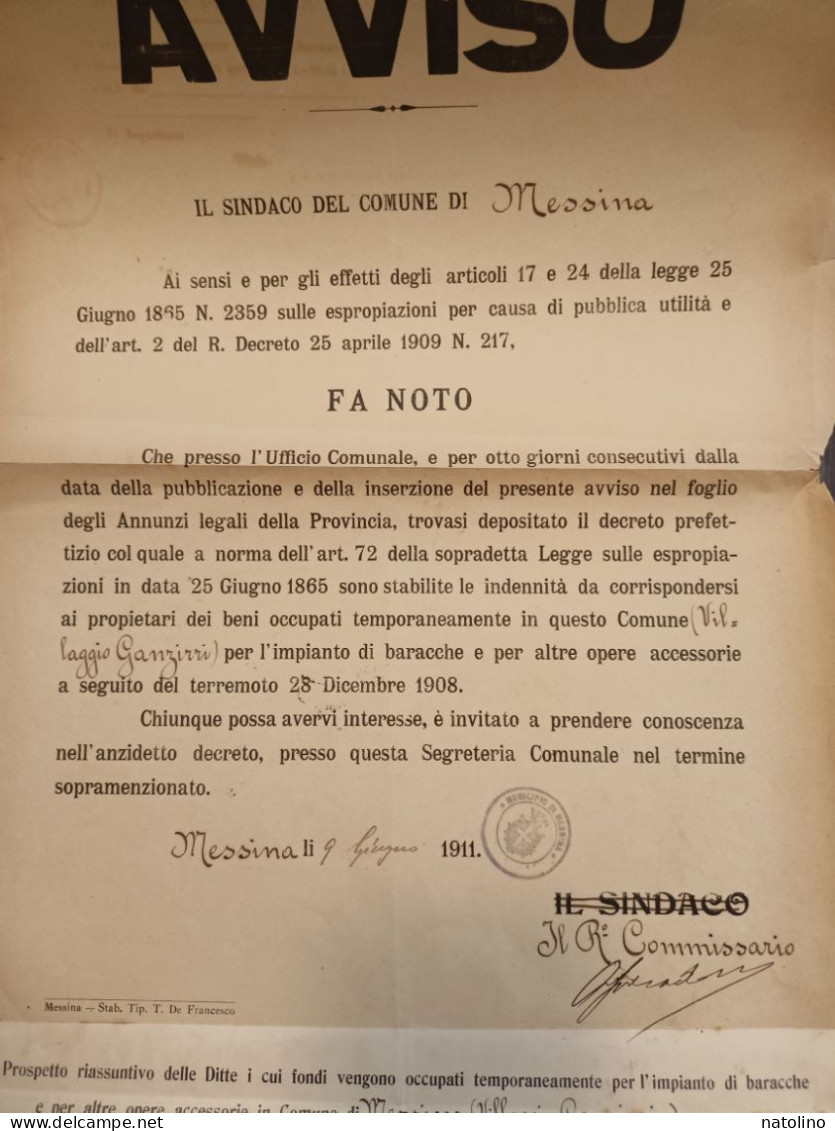 Avviso Comune Di Messina Post Terremoto 1911 Commissario Straordinario Salvadori Villaggio Ganzirri Firme - Decretos & Leyes