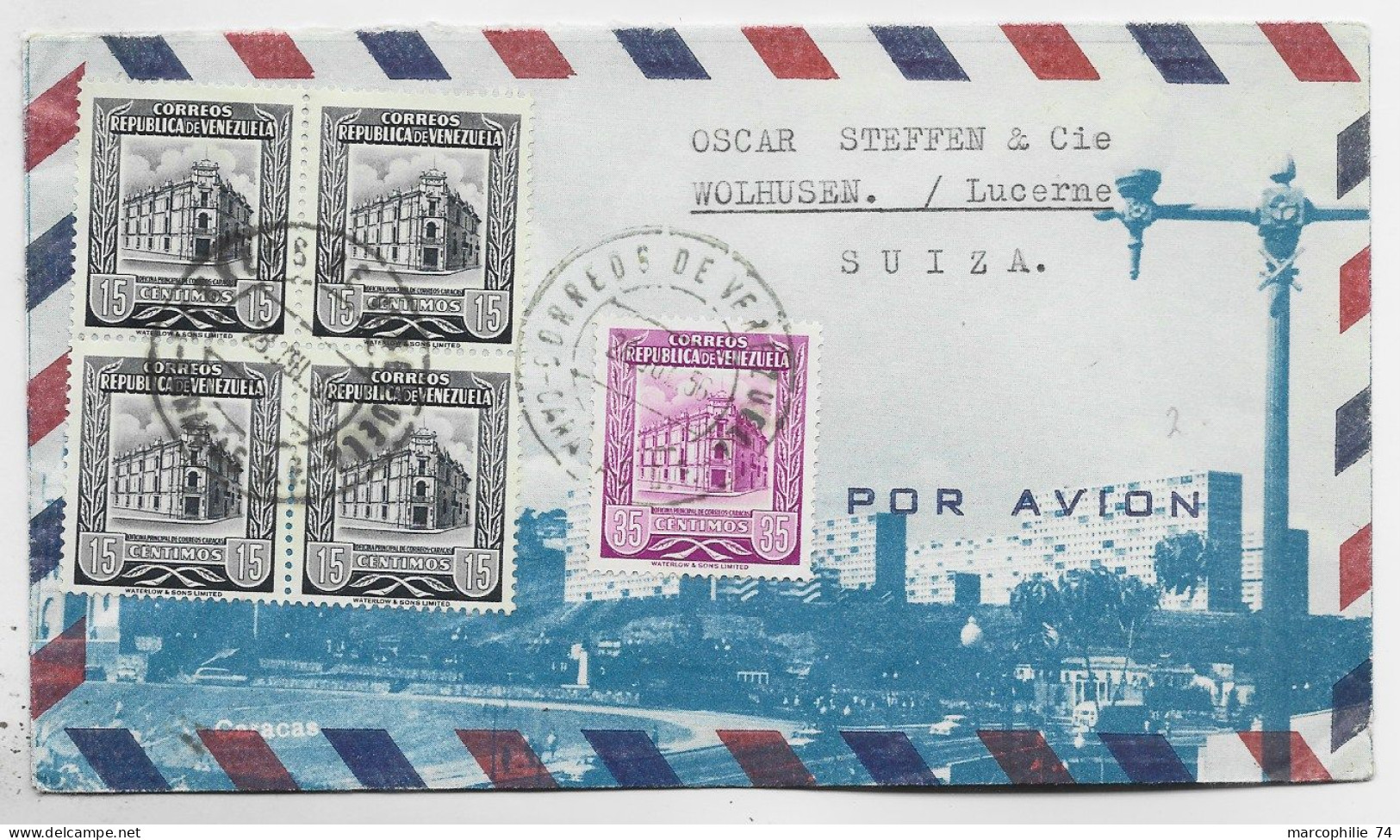 VENEZUELA 15C BLOC DE 4+ 35C LETTRE COVER AVION CARACAS 1956  TO SUISSE - Venezuela