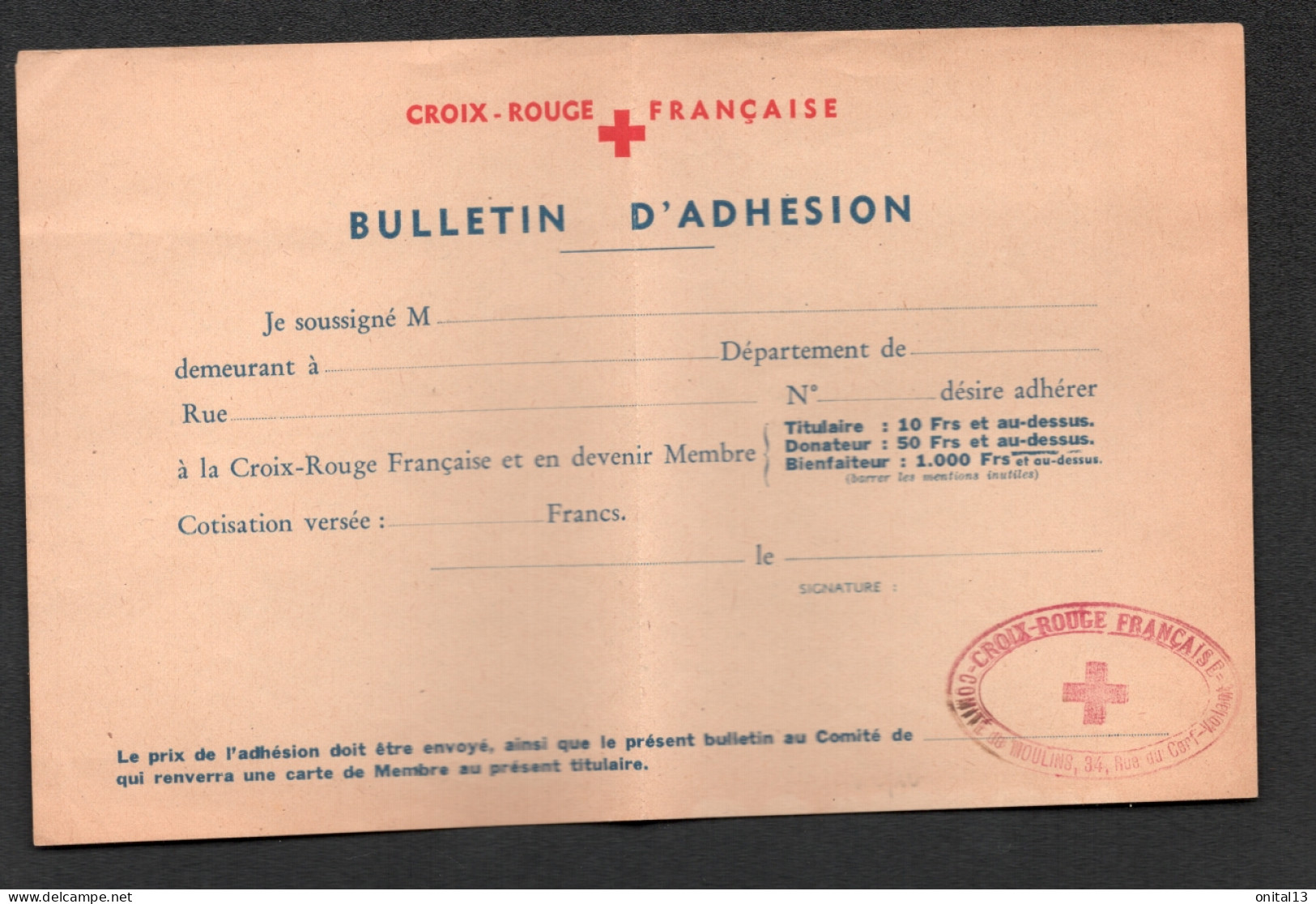 1939/1945 BULLETIN D'ADHESION CROIX ROUGE COMITE DE MOULINS ALLIER F144 - Documentos Históricos