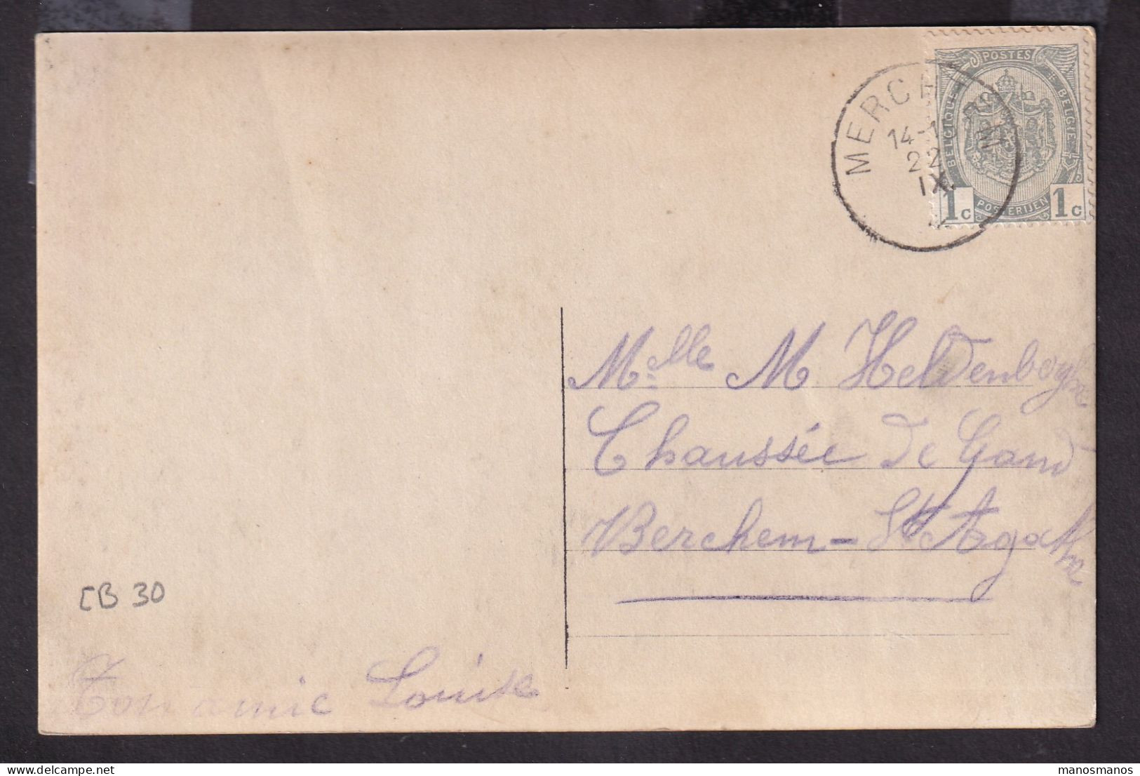 DDFF 653 -- Carte Fantaisie TP Armoiries T2R MERCHTEM 1911 à Berchem Ste Agathe - COBA 30 EUR S/TP Détaché - 1893-1907 Wappen