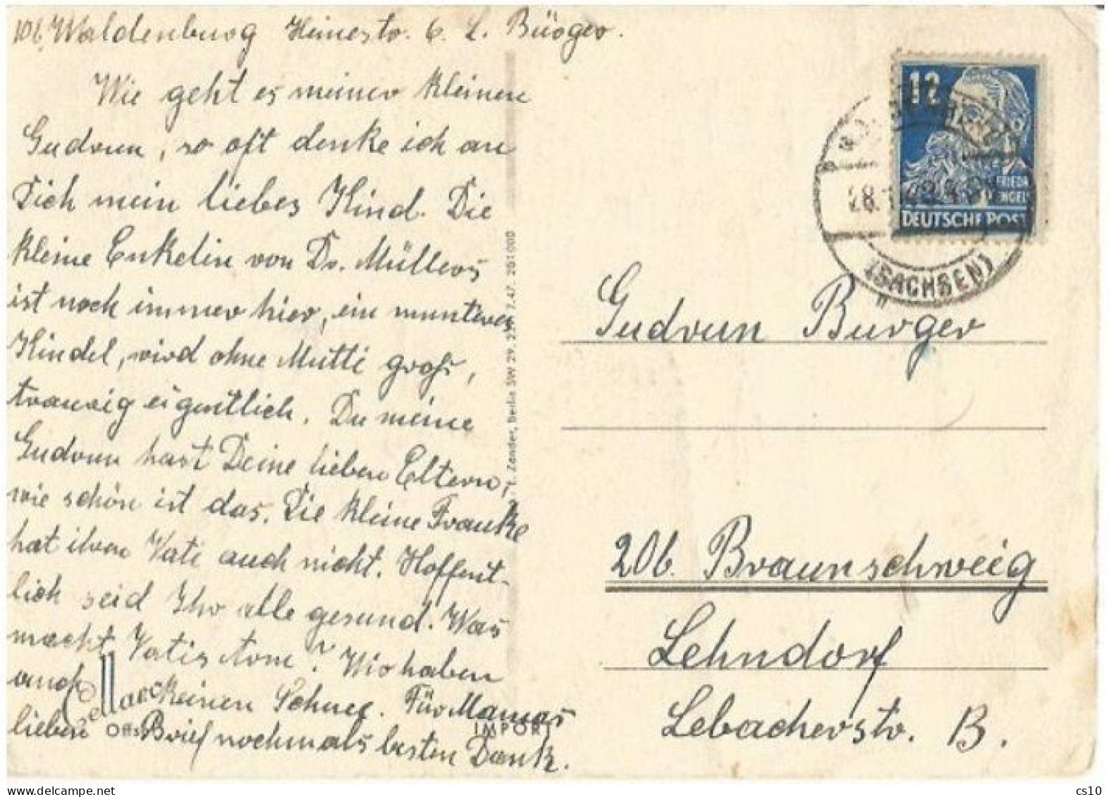 Germany Soviet Zone Regular Engels Pf.12 Solo Franking Pcard Waldenburg 28jan1949 X Lehndorf - Lettres & Documents