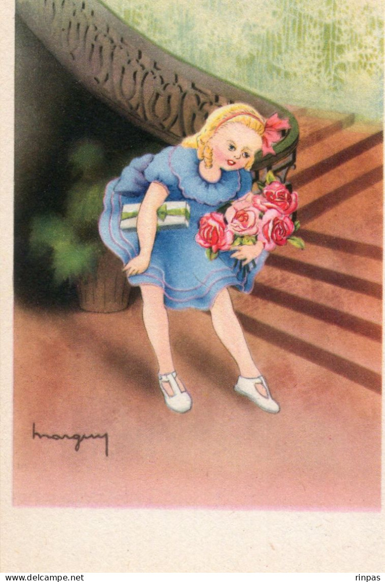 Illustrateur Marguy Fillette Fille Enfant Kinder Avec Fleurs Rose - Other & Unclassified