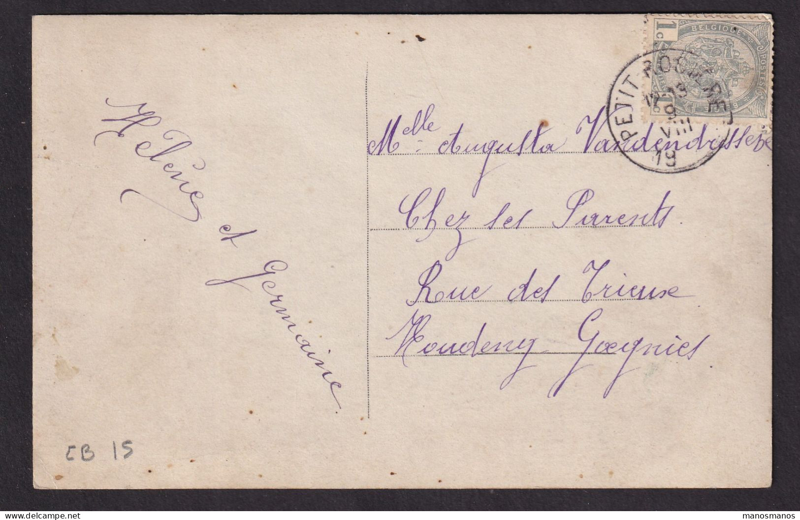 DDFF 654 -- Carte Fantaisie TP Armoiries T2R PETIT ROSIERE 19.. à Houdeng-Goegnies - COBA 15 EUR S/TP Détaché - 1893-1907 Wappen