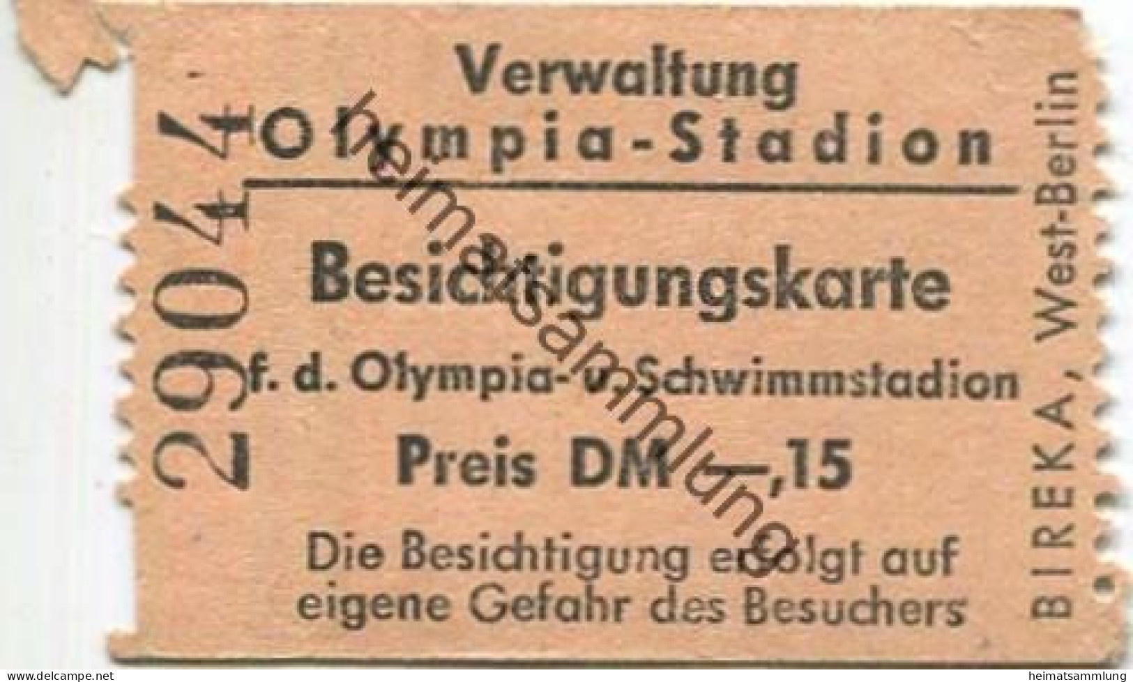 Deutschland - Berlin - Olympia-Stadion - Besichtigungskarte Für Das Olympia- Und Schwimmstadion - Preis DM -,15 - Tickets D'entrée