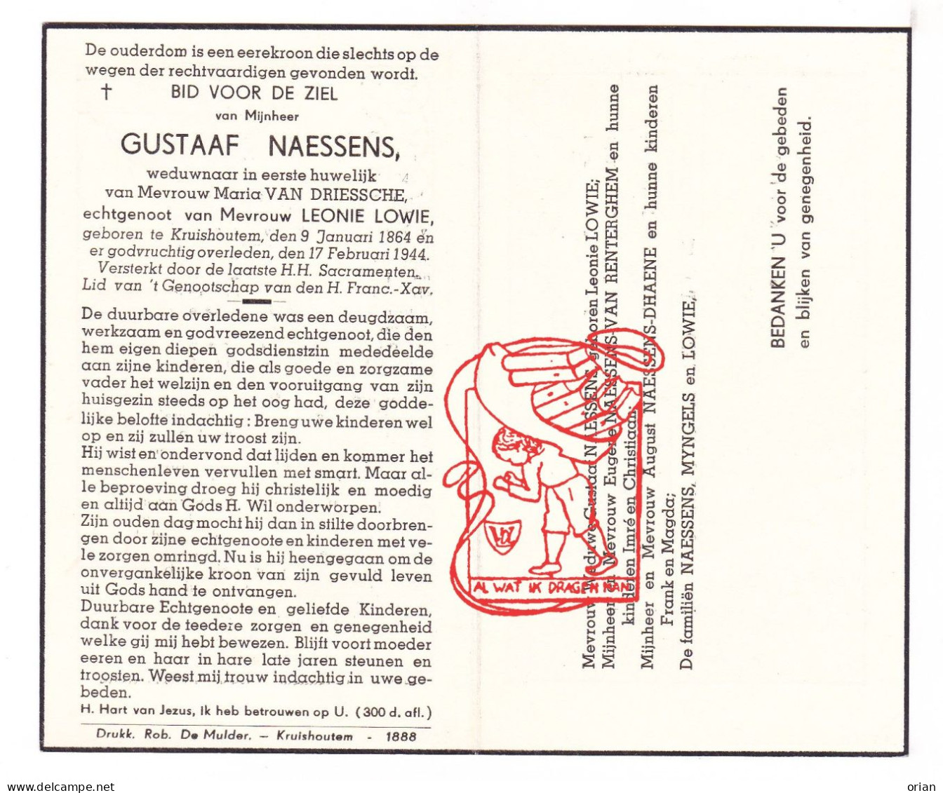 DP Gustaaf Naessens ° Kruishoutem 1864 † 1944 X Maria Van Driessche Xx Leonie Lowie // Van Renterghem Dhaene Myngels - Devotion Images
