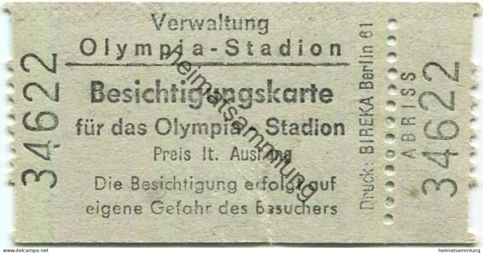 Deutschland - Berlin - Olympia-Stadion - Besichtigungskarte Für Das Olympia-Stadion - Preis Laut Aushang - Tickets - Vouchers