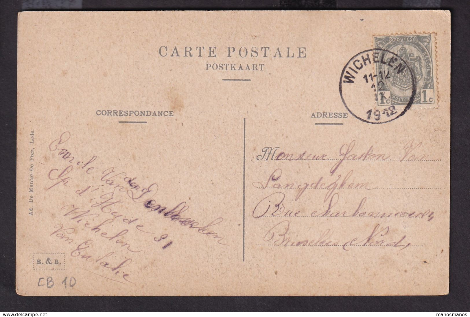 DDFF 656 -- Carte-Vue LEDE TP Armoiries T2R WICHELEN 1912 à Bruxelles - COBA 10 EUR S/TP Détaché - 1893-1907 Wappen