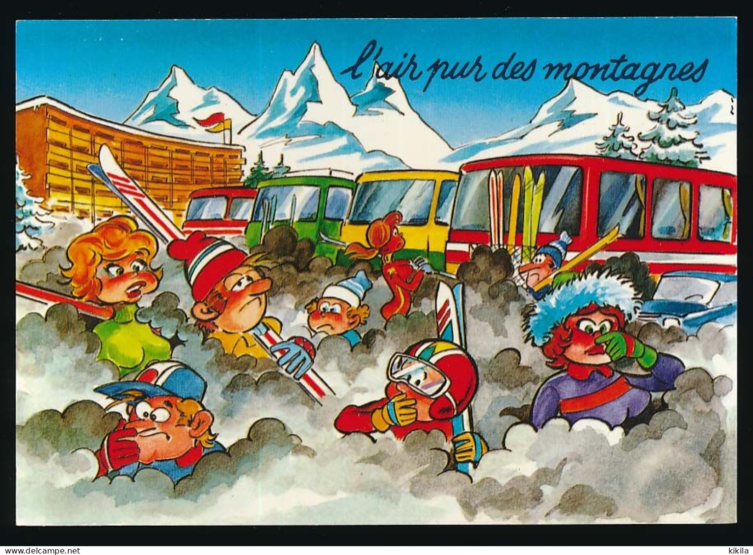 CPSM / CPM Dentelée 10,5 X 15 Humoristique (13) L'air Pur Des Montagnes Parking Car Gaz D'échappement Skieurs - Humor