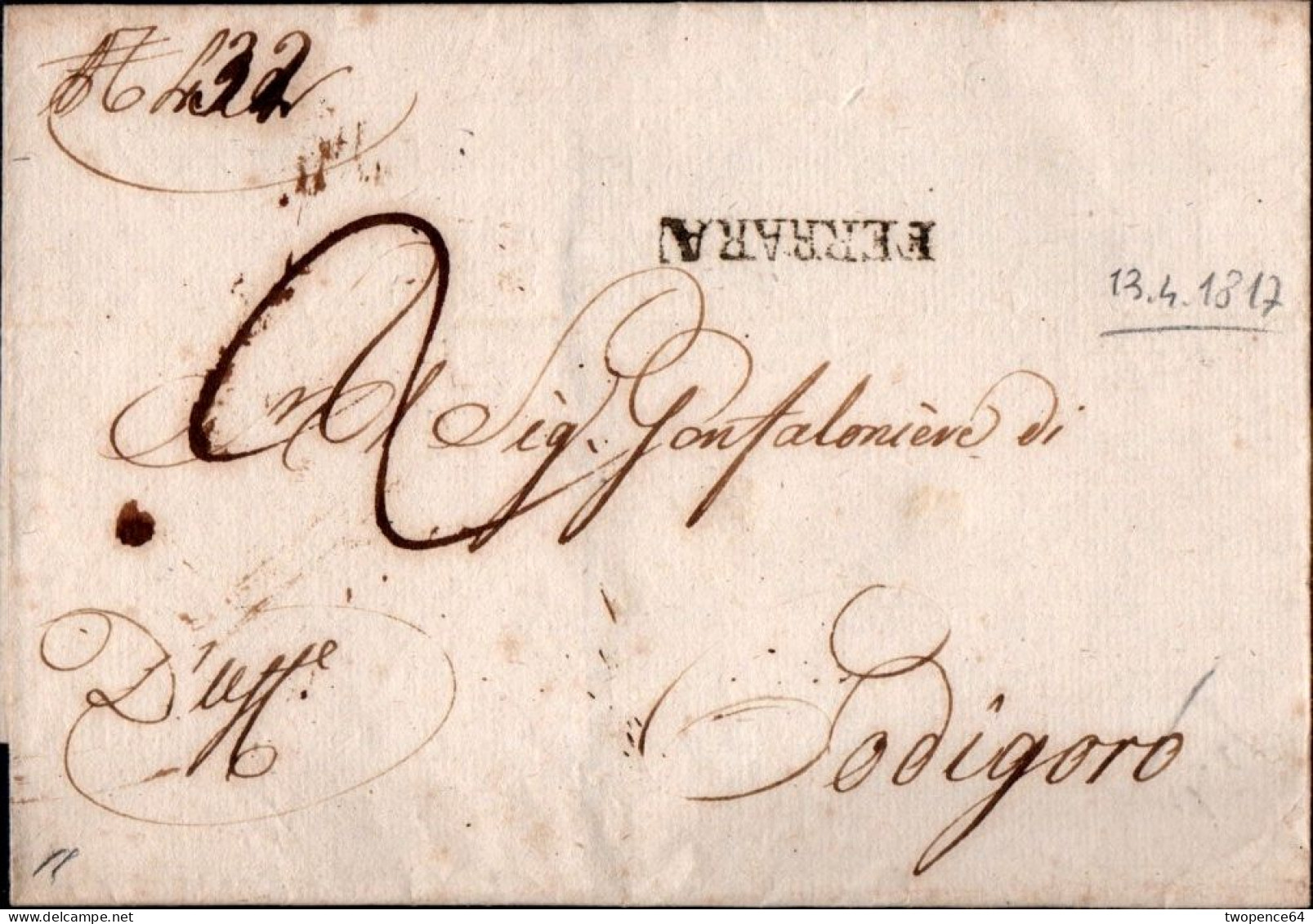 B4 - LETTERA PREFILATELICA DA FERRARA A CODIGORO 1817 - 1. ...-1850 Prephilately